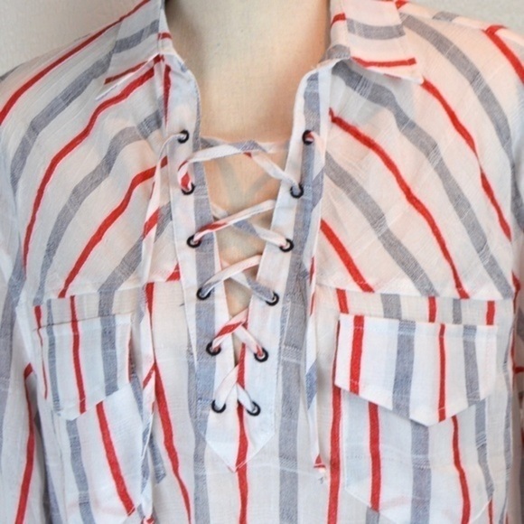 UMGEE Lace-Up Lightweight Gauzey Cotton Striped Tunic/Cover-Up, Medium NEW - Picture 3 of 8